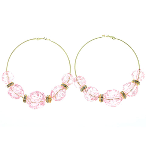 Gold-Tone Metal Hoop-Earrings With Pink Crystal Accents