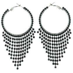Black & Silver-Tone  Metal Hoop-Dangle-Earrings With Crystal Accents