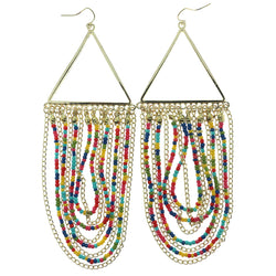 Gold-Tone Metal Dangle-Earrings With Multicolored Bead Accents