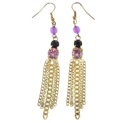 Gold-Tone & Purple Metal Dangle-Earrings With Crystal Accents