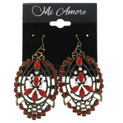 Gold-Tone & Red Colored Metal Dangle-Earrings With Bead Accents LQE810