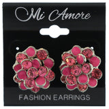 Pink & Silver-Tone Metal Flower Stud-Earrings With Crystal Accents