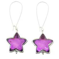Mi Amore Purple Faceted Acrylic Accent Star Dangle-Earrings Silver-Tone & Purple