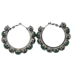 Silver-Tone & Green Colored Metal Hoop-Earrings With Crystal Accents
