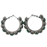 Silver-Tone & Green Colored Metal Hoop-Earrings With Crystal Accents