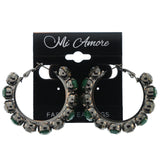 Silver-Tone & Green Colored Metal Hoop-Earrings With Crystal Accents