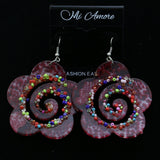 Mi Amore Acrylic-Encased Fabric Flower Dangle-Earrings Red & Multicolor