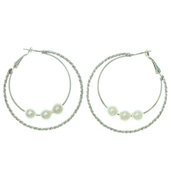 Silver-Tone & White Metal Hoop-Earrings With Bead Accents