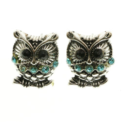 Mi Amore Blue and Black Crystals Owl Post-Earrings Silver-Tone