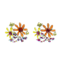 Mi Amore AB Crystal Accents Flowers Post-Earrings Silver-Tone & Multicolor