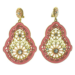 Pink & Gold-Tone Colored Metal Clip-On-Earrings With Crystal Accents