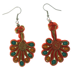 Red & Multi Colored Fabric Dangle-Earrings With Bead Accents