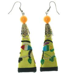 Yellow & Multi Colored Fabric Dangle-Earrings With Bead Accents