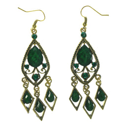Green & Gold-Tone Metal Dangle-Earrings With Stone Accents