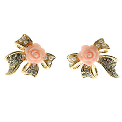 Mi Amore Crystal Accented Ribbon & Flower Post-Earrings Gold-Tone & Pink
