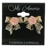 Mi Amore Crystal Accented Ribbon & Flower Post-Earrings Gold-Tone & Pink