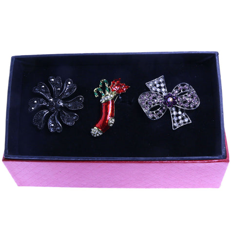 Mi Amore 1 pin 2 adjustable rings Christmas Holiday Stocking Floral Pin-Ring-Set Silver-Tone