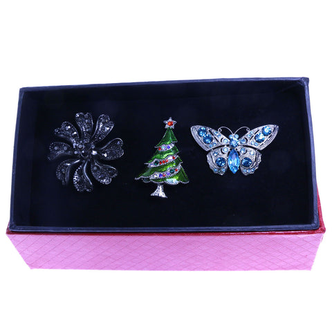 Mi Amore 1 pin 2 adjustable rings Christmas Tree Holiday Flower Butterfly Pin-Ring-Set Silver-Tone