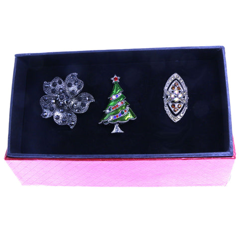 Mi Amore 1 pin 2 adjustable rings Christmas Tree Holiday Pin-Ring-Set Silver-Tone
