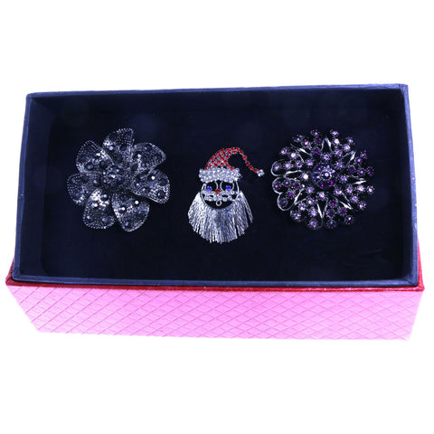Mi Amore 1 pin 2 adjustable rings Christmas Holiday Santa floral Pin-Ring-Set Silver-Tone