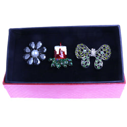 Mi Amore 1 pin 2 adjustable rings Christmas Holiday Floral Holiday Pin-Ring-Set Silver-Tone