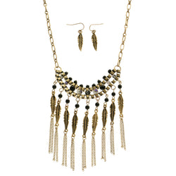 Mi Amore Feather Adjustable Necklace-Earring-Set Gold-Tone & Black