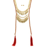Mi Amore Leaves Tassel Adjustable Necklace-Earring-Set Gold-Tone & Red