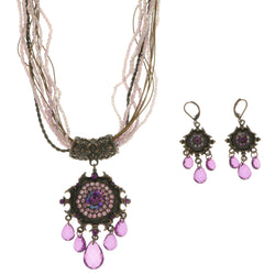 Mi Amore Flower Adjustable Necklace-Earring-Set Purple & Bronze-Tone