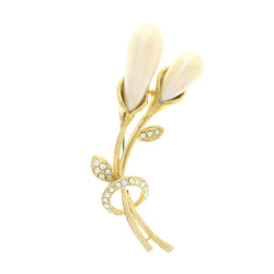 Flower Brooch-Pin With Crystal Accents Gold-Tone & White Colored #LQP1018