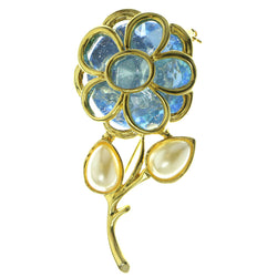 Flower Brooch Pin With Stone Accents Gold & Blue Colored #LQP102