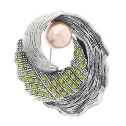 Silver-Tone & Green Colored Metal Brooch-Pin With Crystal Accents #LQP1036
