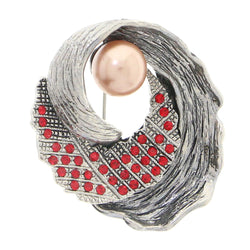 Silver-Tone & Red Colored Metal Brooch-Pin With Crystal Accents #LQP1042