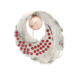 Silver-Tone & Red Colored Metal Brooch-Pin With Crystal Accents #LQP1043