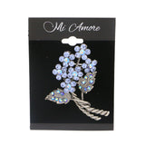Flowers Brooch-Pin With Crystal Accents Silver-Tone & Blue Colored #LQP1066
