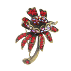 Flower Brooch-Pin With Crystal Accents Brass-Tone & Red Colored #LQP1090