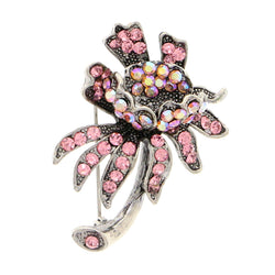 Flower Brooch-Pin With Crystal Accents Silver-Tone & Multi Colored #LQP1098