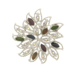 Flower Brooch-Pin With Crystal Accents Silver-Tone & Multi Colored #LQP1107