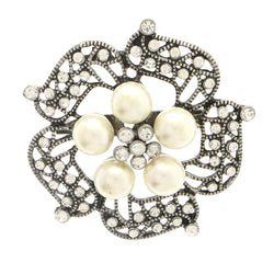 Silver-Tone & White Colored Metal Brooch-Pin With Crystal Accents #LQP1135