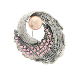 Silver-Tone & Pink Colored Metal Brooch-Pin With Crystal Accents #LQP1155