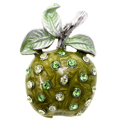Apple Fruit Brooch-Pin With Crystal Accents Silver-Tone & Green Colored #LQP1176
