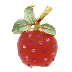 Apple Fruit Brooch-Pin With Crystal Accents Gold-Tone & Red Colored #LQP1177