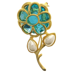 Flower Brooch-Pin With Crystal Accents Gold-Tone & Blue Colored #LQP1194