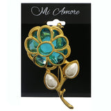 Flower Brooch-Pin With Crystal Accents Gold-Tone & Blue Colored #LQP1194