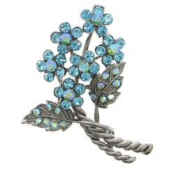 Flower AB Finish Brooch-Pin With Crystal Accents Silver-Tone & Blue Colored #LQP1214