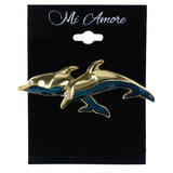 Swimming Dolphins Brooch-Pin With Crystal Accents Gold-Tone & Green Colored