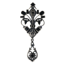 Antiqued Fleur De Lis Brooch-Pin w/ Faceted Accents Silver-Tone & Black Colored
