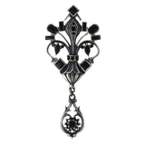 Antiqued Fleur De Lis Brooch-Pin w/ Faceted Accents Silver-Tone & Black Colored