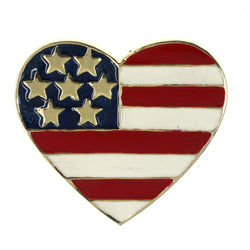 Patriotic American Flag Heart Brooch-Pin Colorful & Gold-Tone Colored #LQP1221
