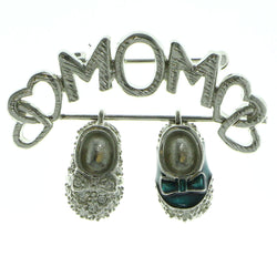 Mi Amore Mom Baby Shoes Brooch-Pin Silver-Tone & Blue