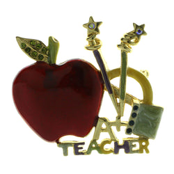 Mi Amore Apple  School Supplies Teacher Brooch-Pin Gold-Tone & Red